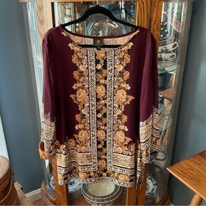 JM Collection Burgundy Blouse with Gold & Cream Floral Border split sleeves